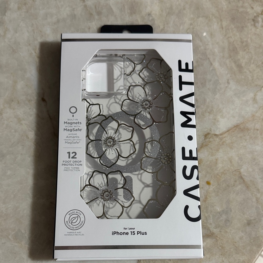 Case-Mate iPhone 15 Plus Case - Silver Floral Pattern